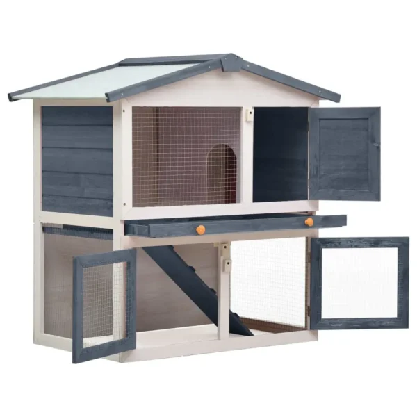 vidaXL Outdoor Rabbit Hutch 3 Doors Gray Wood - Image 2