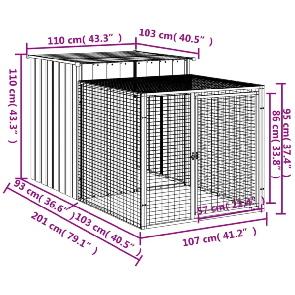 vidaXL Chicken Cage with Run Anthracite 43.3"x79.1"x43.3" Galvanized Steel - Image 5