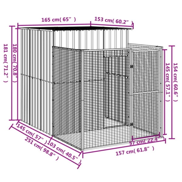 vidaXL Dog House with Run Anthracite 65"x98.8"x71.3" Galvanized Steel - Image 5