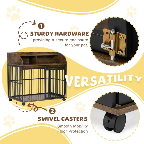 38'' Heavy Duty Dog Crate Furniture for Medium Dog with Lockable Wheels, Wooden Dog Crate Dog Kennel, End Table Crate with Double layer storage, Brown - Image 7